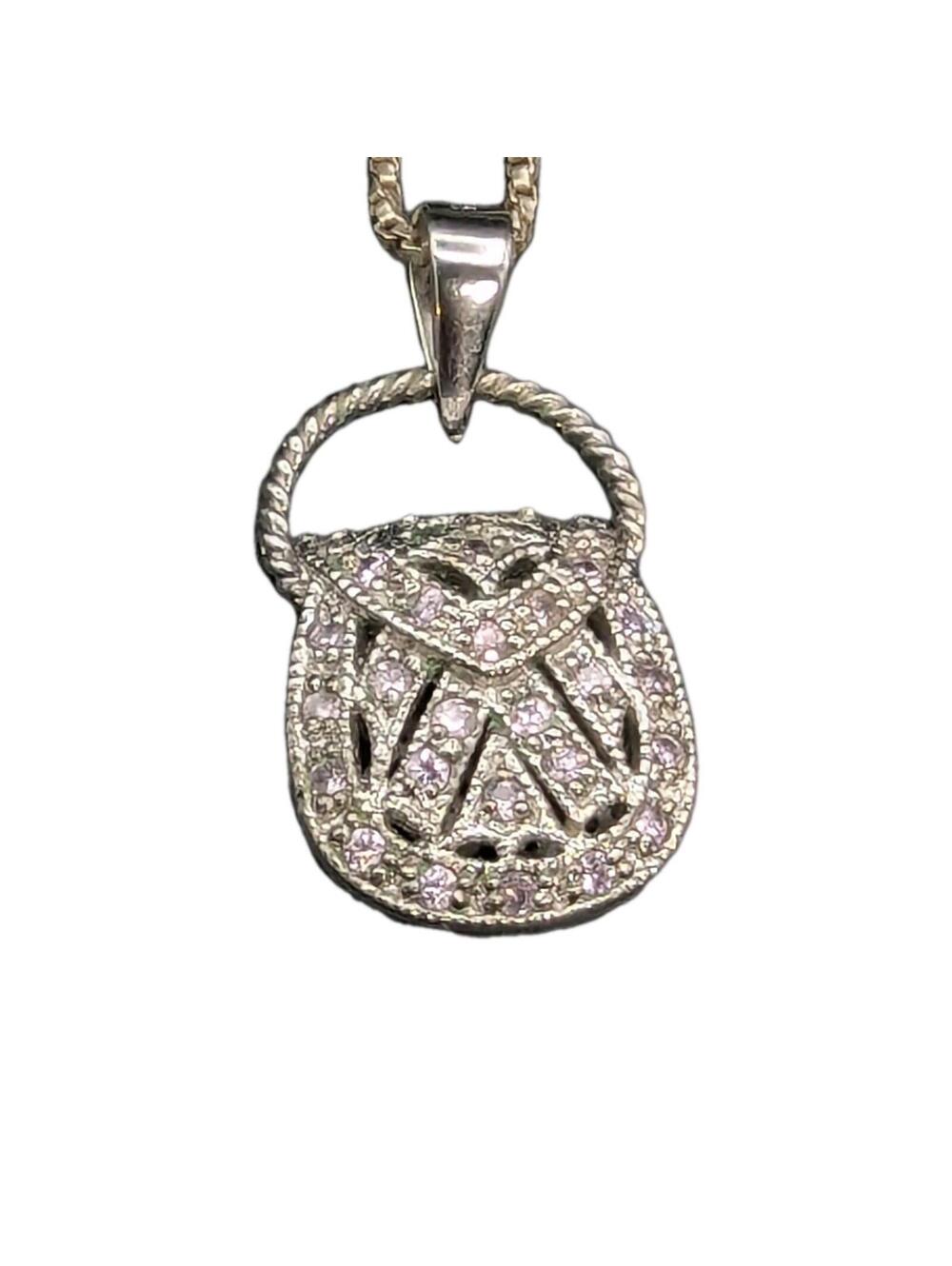 Vintage 925 Sterling Silver Purse Pendant FAS CZ 18" Dainty Necklace